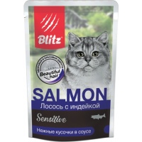 Blitz Sensitive пауч для кошек кусочки в соусе Лосось с индейкой, 24 шт